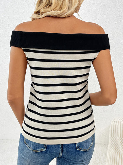 Decorative Button Striped Off-Shoulder Knit Top