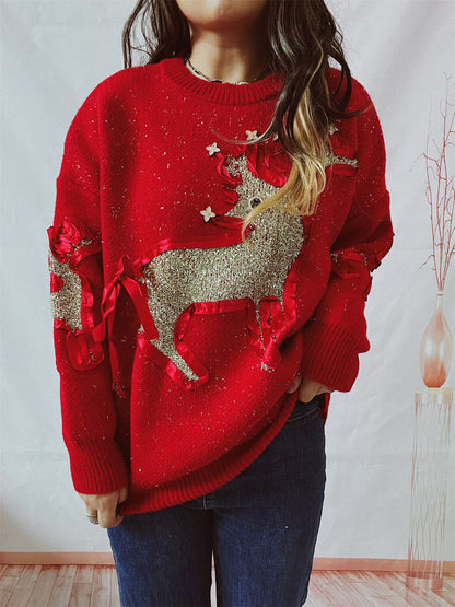 Reindeer Round Neck Long Sleeve Sweater