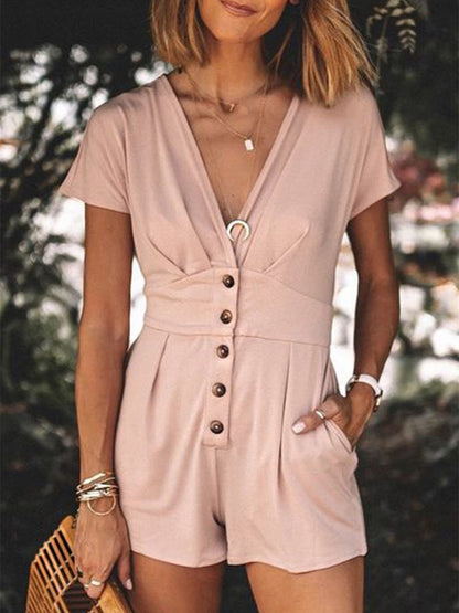 Ruched V-Neck Romper with Pockets