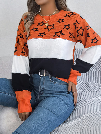 Star Contrast Round Neck Sweater