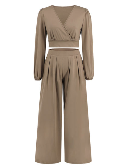 Surplice Top and Wide Leg Pants Set