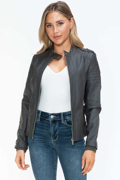 Snobbish PU Leather Biker Jacket with Side Zip Pockets