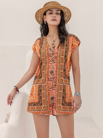 Printed V-Neck Cap Sleeve Romper