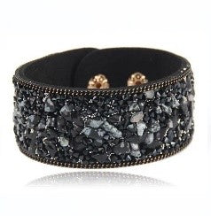 Bold Leather Bracelet with Irregular Crystals and Vibrant Gem Accents