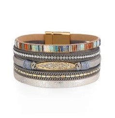 Bohemian Leather Bracelet with Geometric Design and Rhinestones