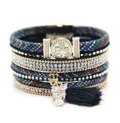 Ethnic-Style Owl Bangle with PU Leather and Sparkling Accents