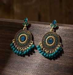 Retro Geometric Drop Earrings with Tassels and Sparkling Rhinestones