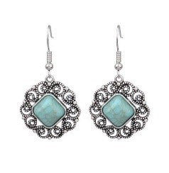 Retro Water Droplet Drop Earrings with Turquoise Inlay and Polished Alloy Finish