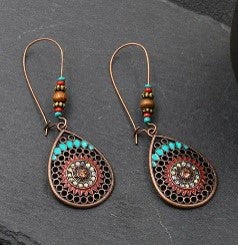 Bohemian Geometric Drop Earrings with Vibrant Turquoise Inlays