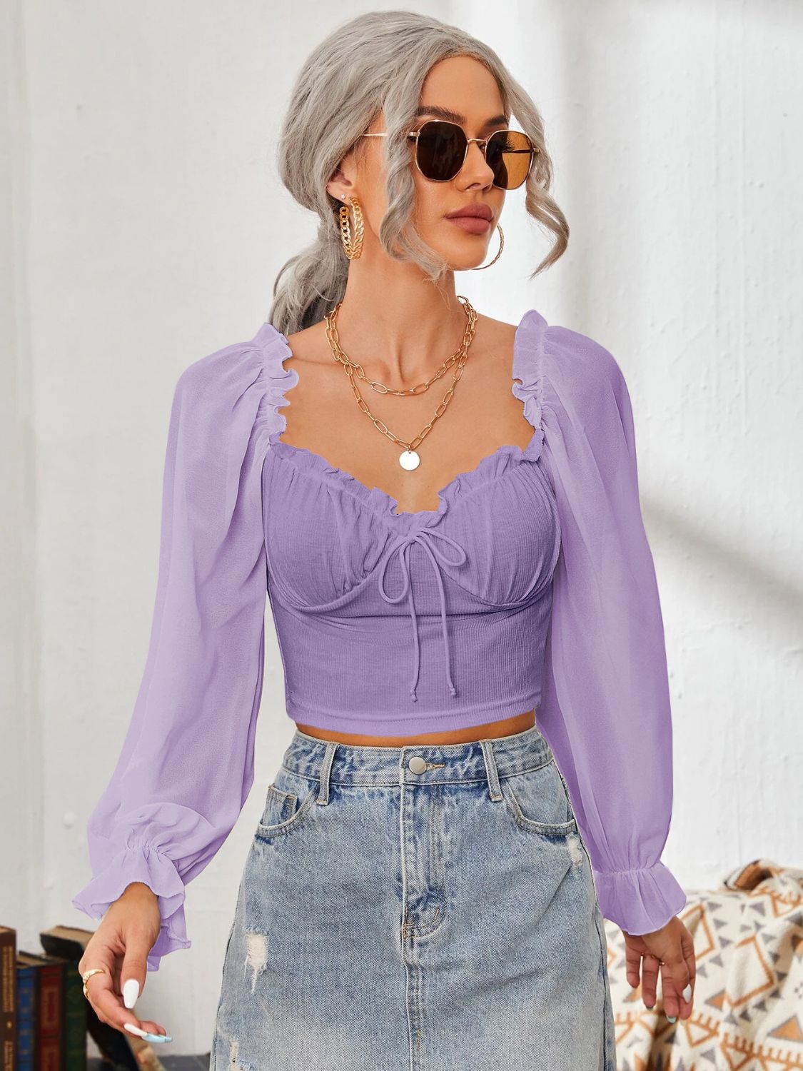 Mesh Sweetheart Neck Flounce Sleeve Top