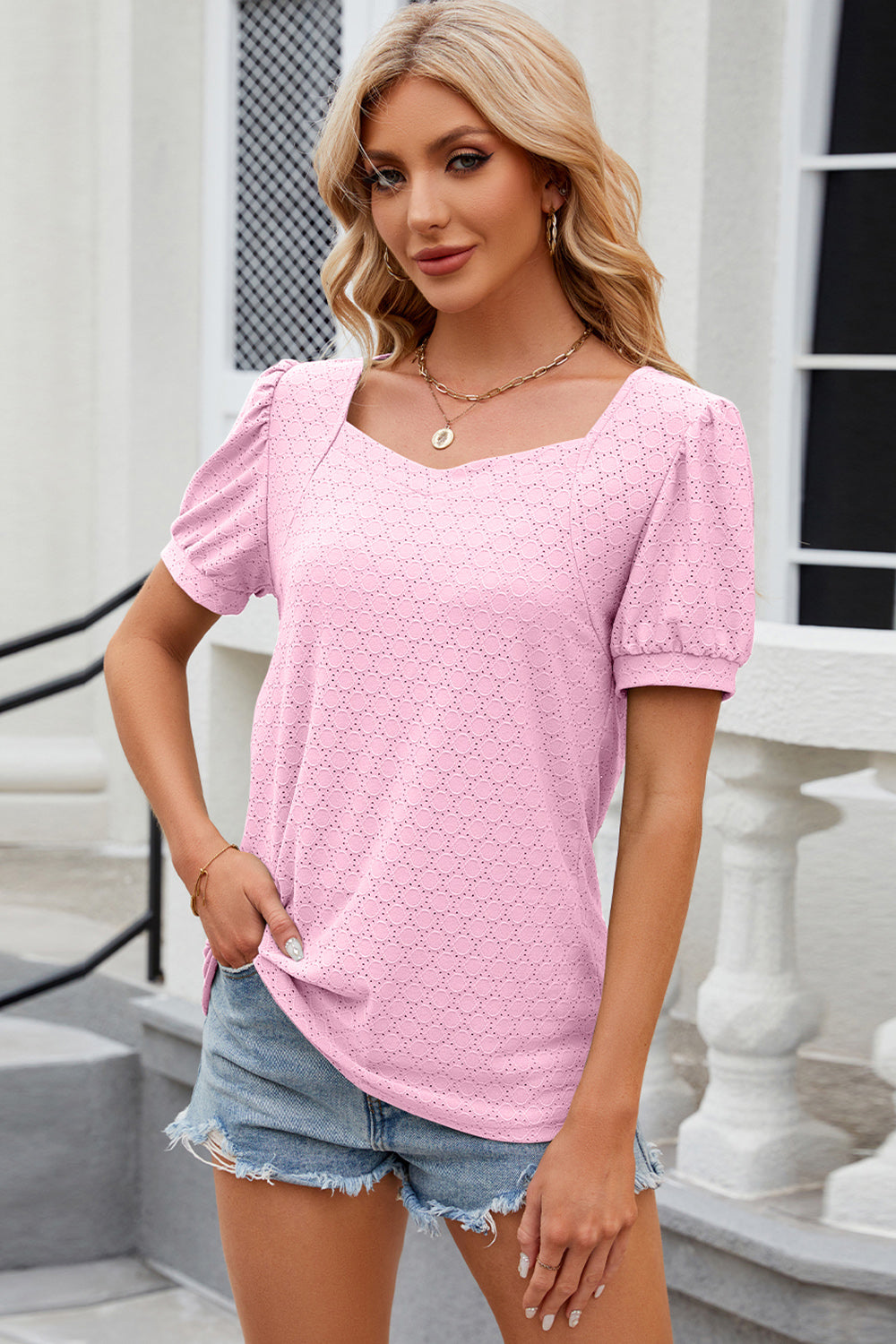 Eyelet Short Sleeve Top