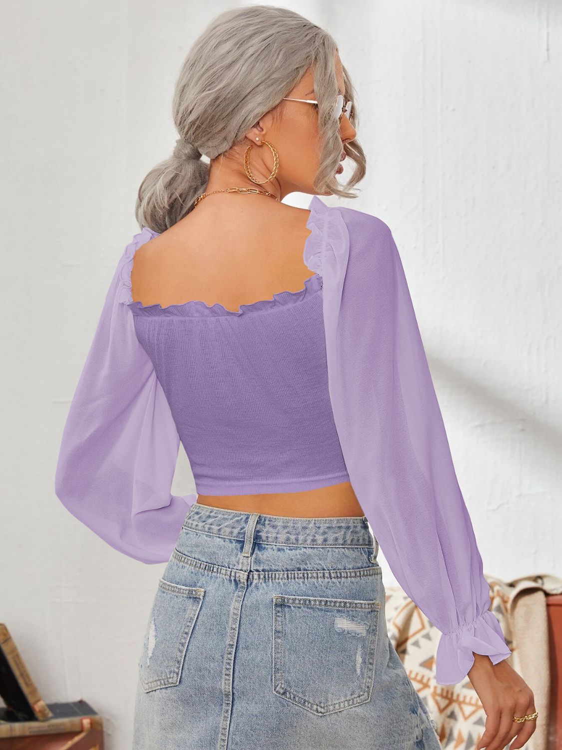 Mesh Sweetheart Neck Flounce Sleeve Top