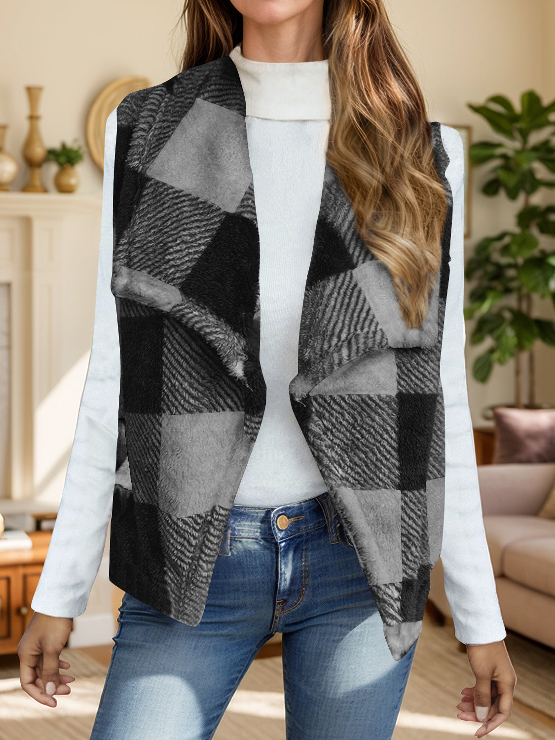 Plaid Open Front Vest Coat