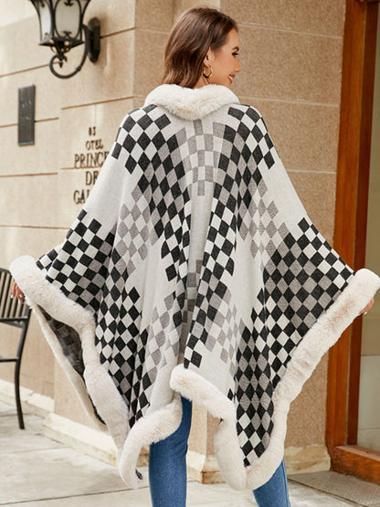 Fuzzy Checkered Long Sleeve Poncho