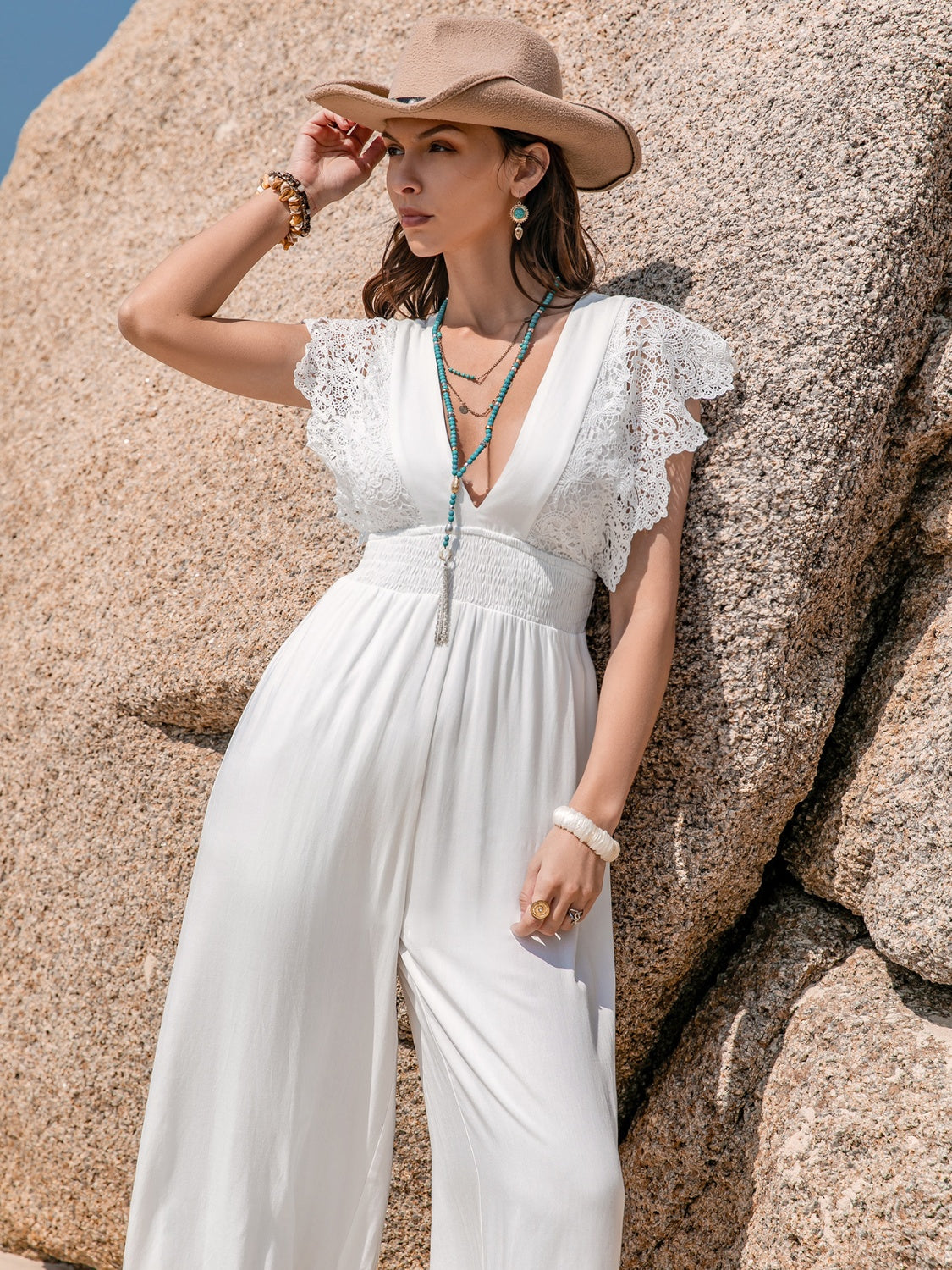 Lace Detail Plunge Cap Sleeve Jumpsuit